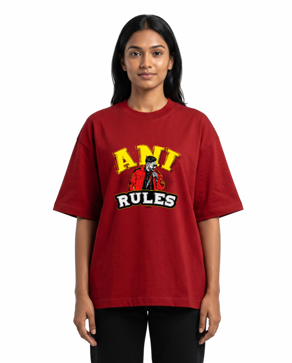 Front view of female model wearing ANI RULES - Unisex Oversized Graphic T-Shirt in red in a studio setting. 
