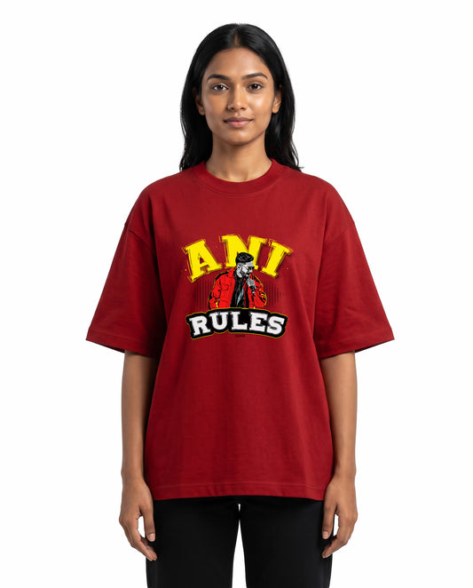 Front view of female model wearing ANI RULES - Unisex Oversized Graphic T-Shirt in red in a studio setting. 