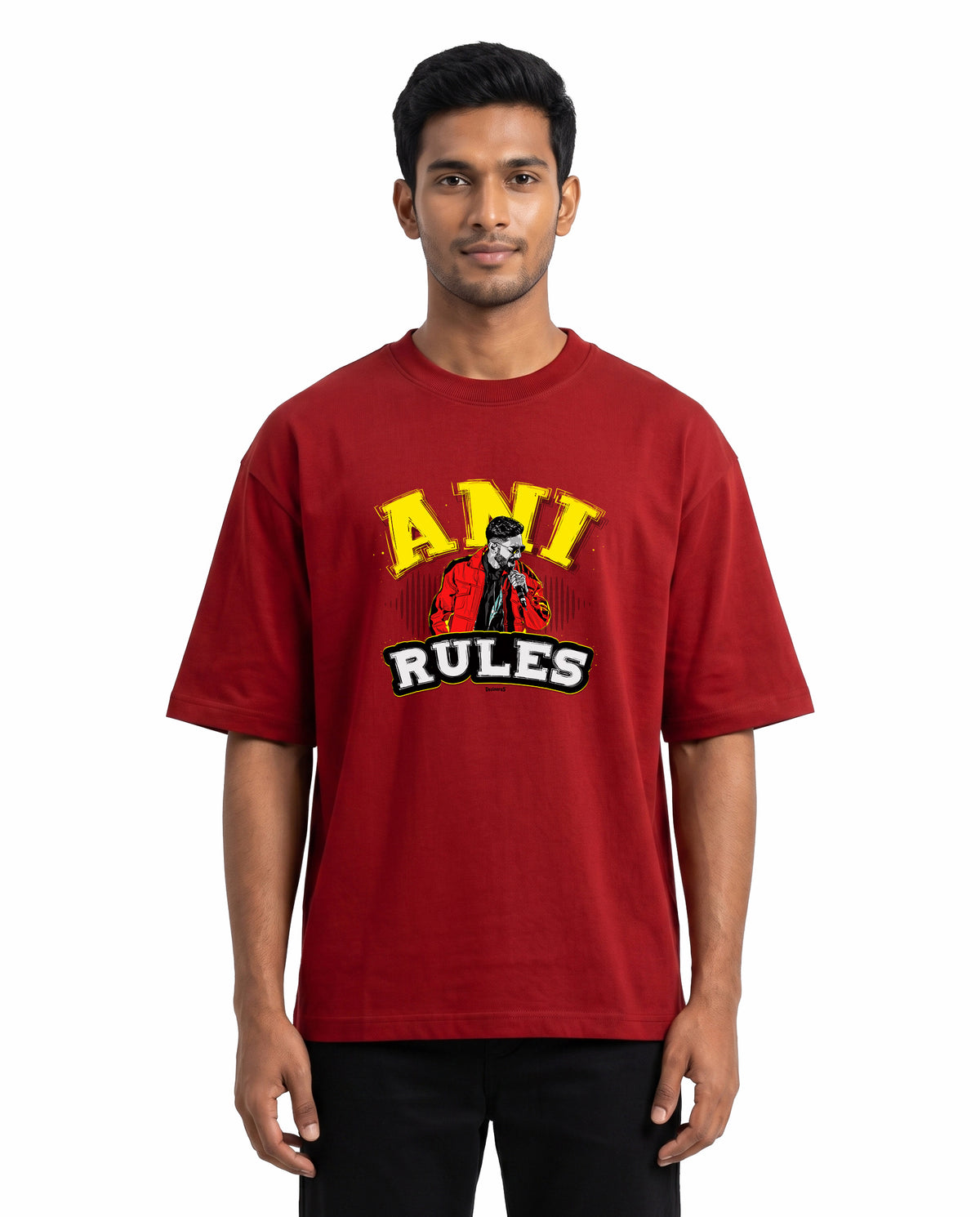 Front view of male model wearing ANI RULES - Unisex Oversized Graphic T-Shirt in red in a studio setting. 