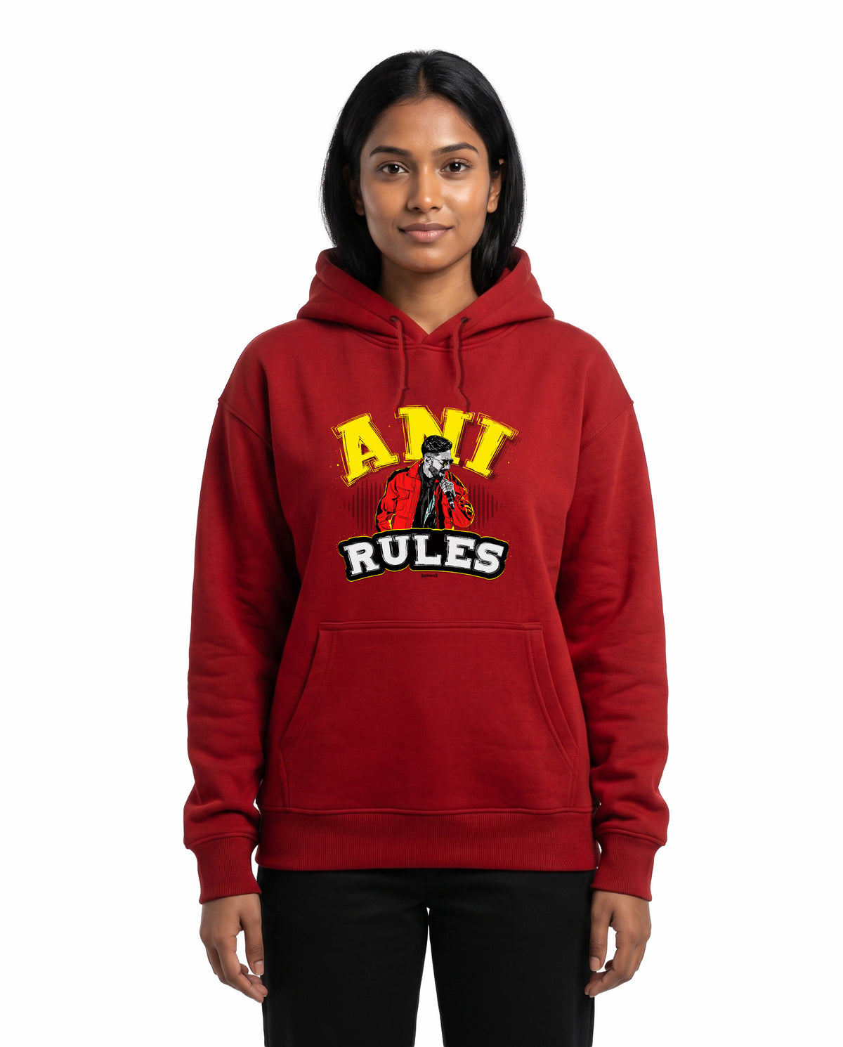 Front view of female model wearing ANI RULES - Unisex Regular Fit Hoodie in red in a studio setting.