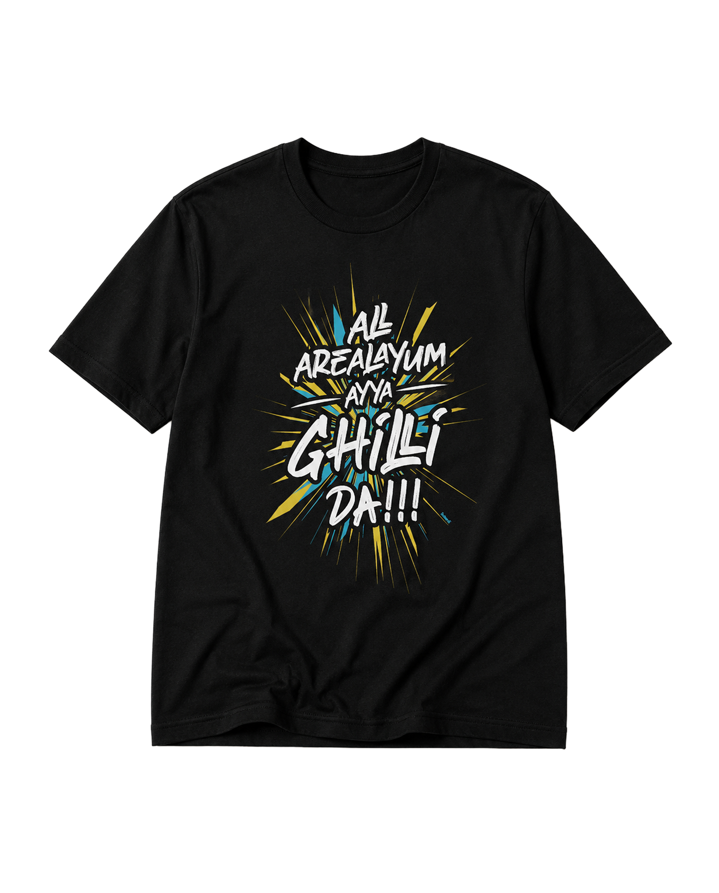 AREA GHILLI Vijay fan inspired men's regular-fit t-shirt in black featuring bold typography design.