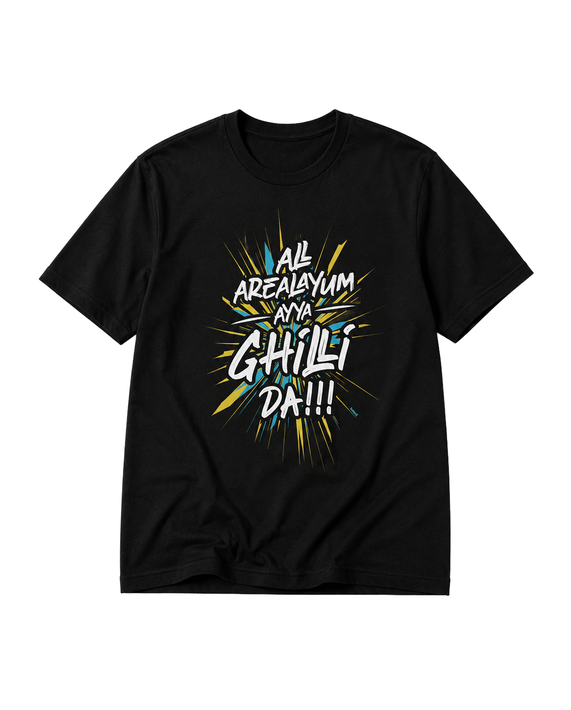 AREA GHILLI Vijay fan inspired men's regular-fit t-shirt in black featuring bold typography design.