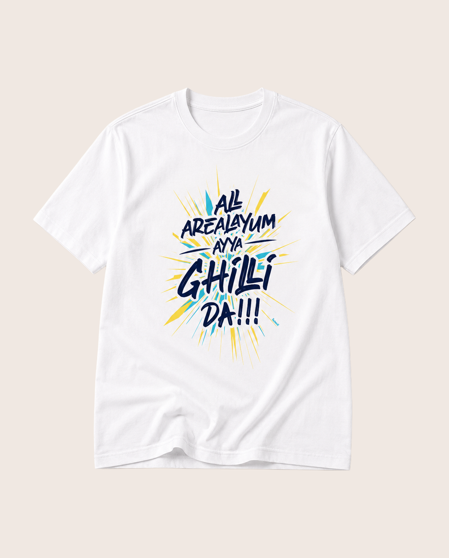 AREA GHILLI Vijay fan inspired men's regular-fit t-shirt in white featuring bold typography design.