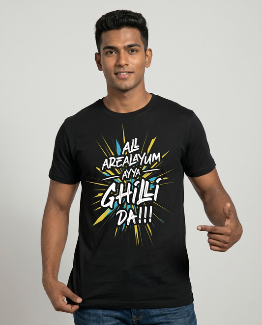 Young South Indian male wearing AREA GHILLI Vijay fan inspired regular fit t-shirt in black in premium studio fashion portrait.