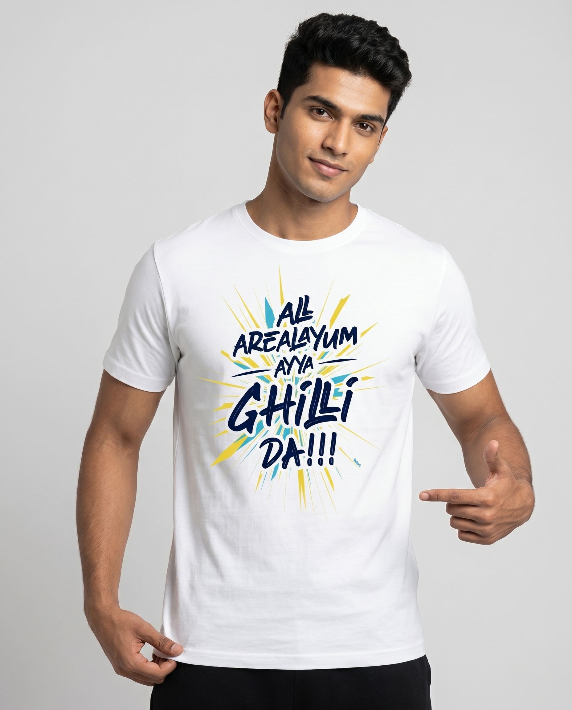 Young South Indian male wearing AREA GHILLI Vijay fan inspired regular fit t-shirt in white in premium studio fashion portrait.