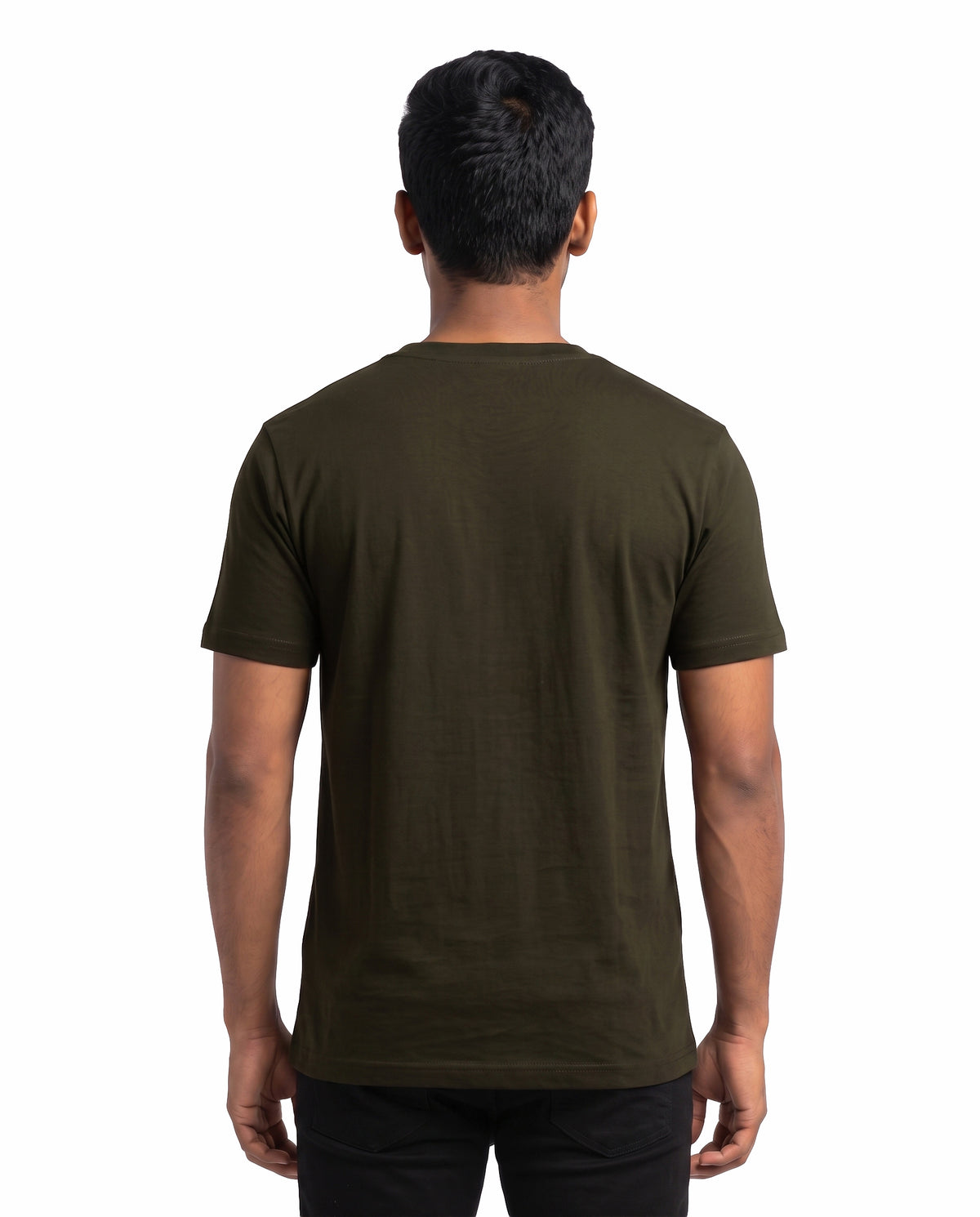 Back view of male model wearing ARR 90S HITS - Men's Regular Fit T-Shirt in olive green in a studio setting.