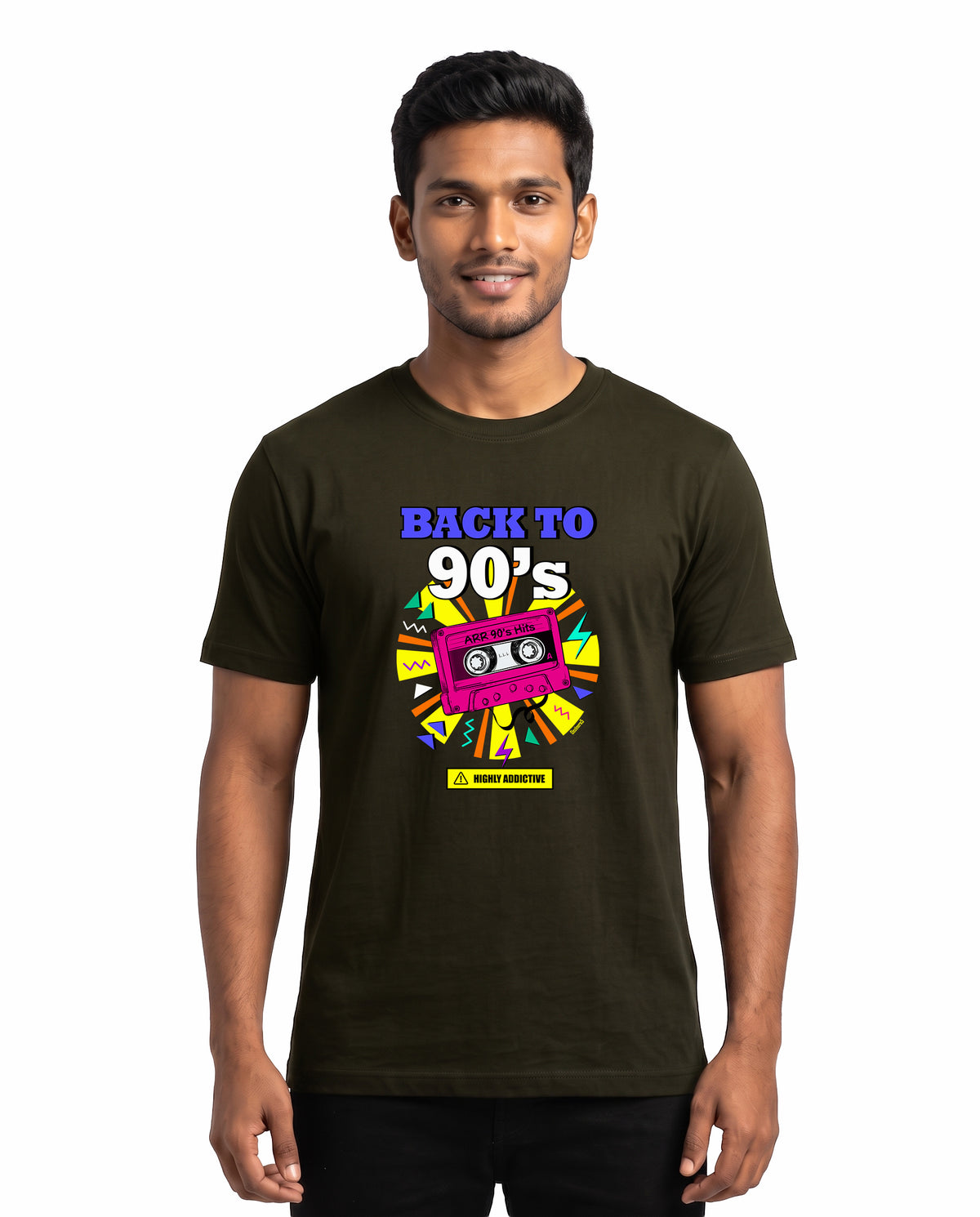 Front view of male model wearing ARR 90S HITS - Men's Regular Fit T-Shirt in olive green in a studio setting.