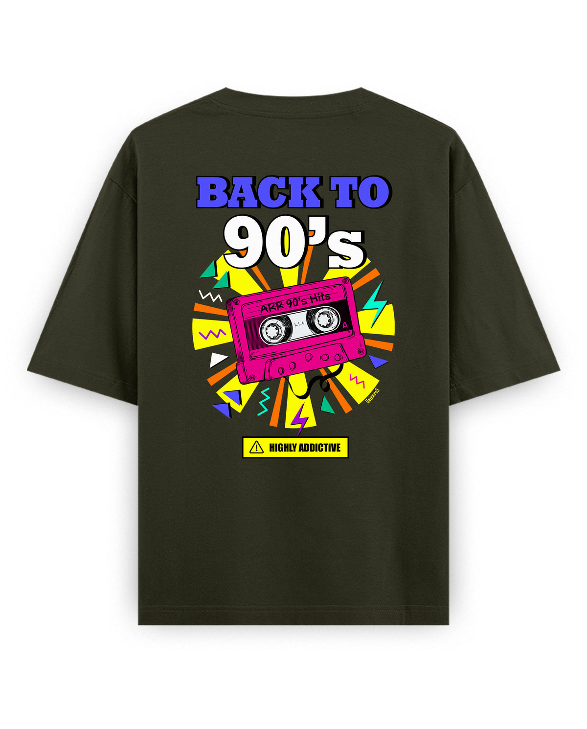 Back view of ARR 90S HITS - Unisex Oversized Graphic T-Shirt in olive green.