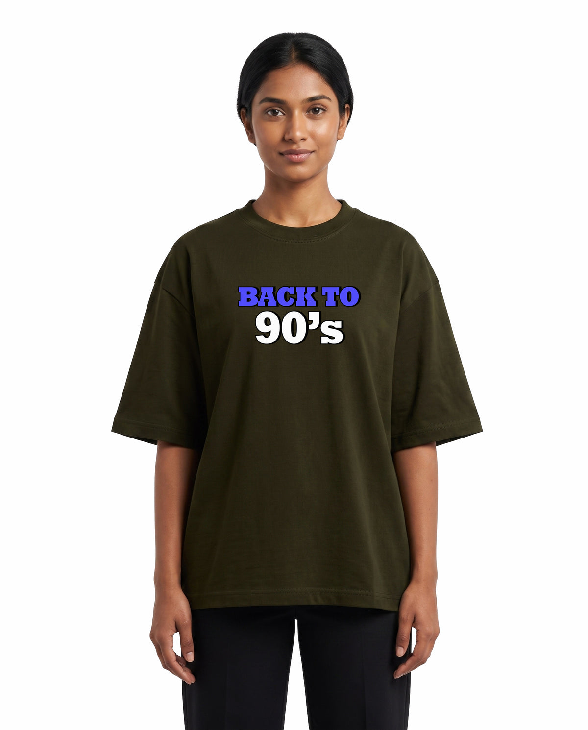 Front view of female model wearing ARR 90S HITS - Unisex Oversized Graphic T-Shirt in olive green in a studio setting.