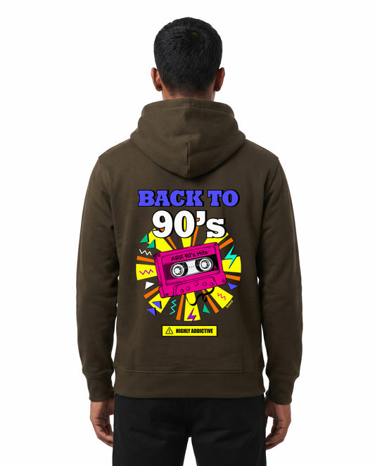 Back view of male model wearing ARR 90S HITS - Unisex Regular Fit Hoodie in olive green in a studio setting.
