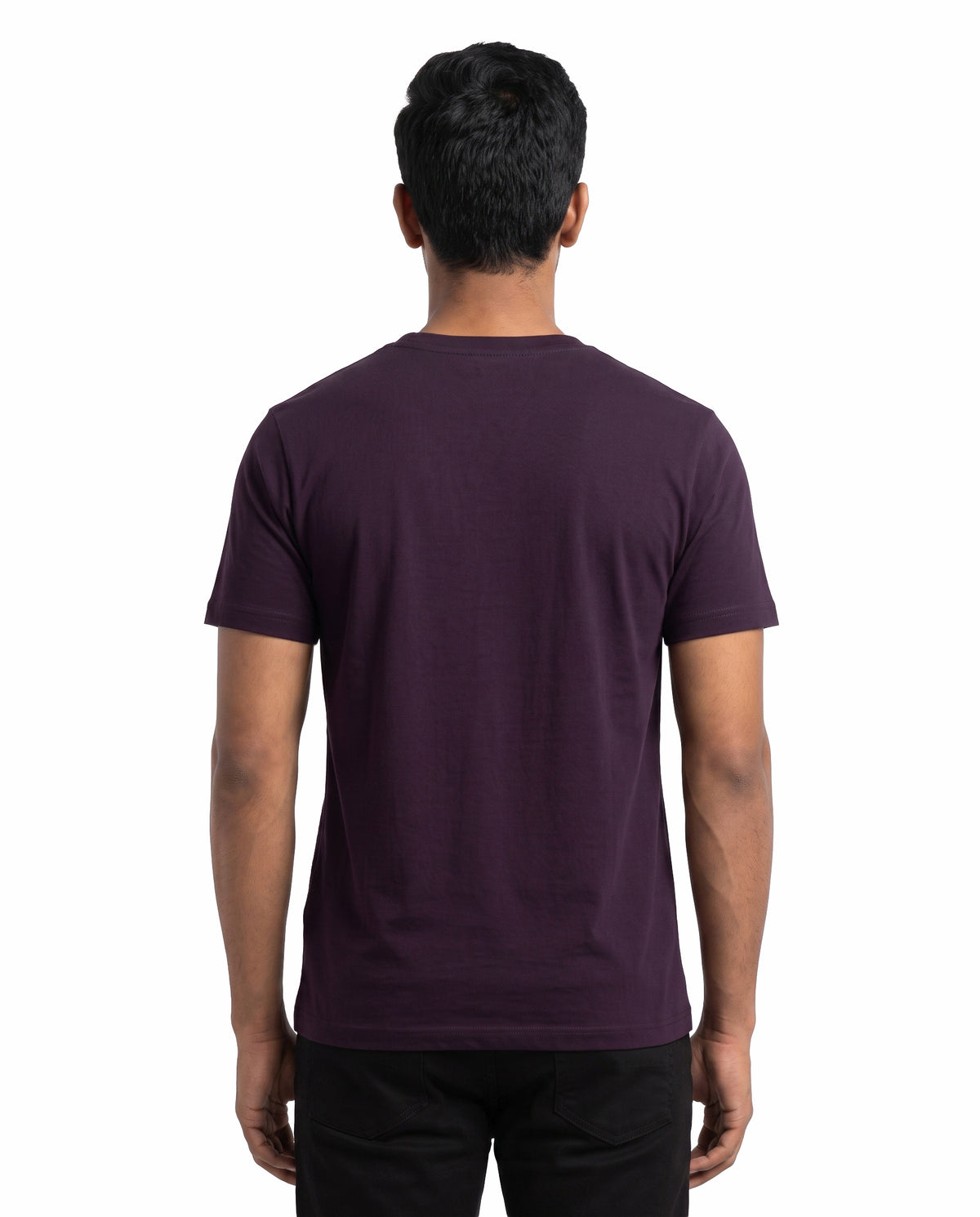 Back view of male model wearing ARR 90S HITS - Men's Regular Fit T-Shirt in purple in a studio setting.