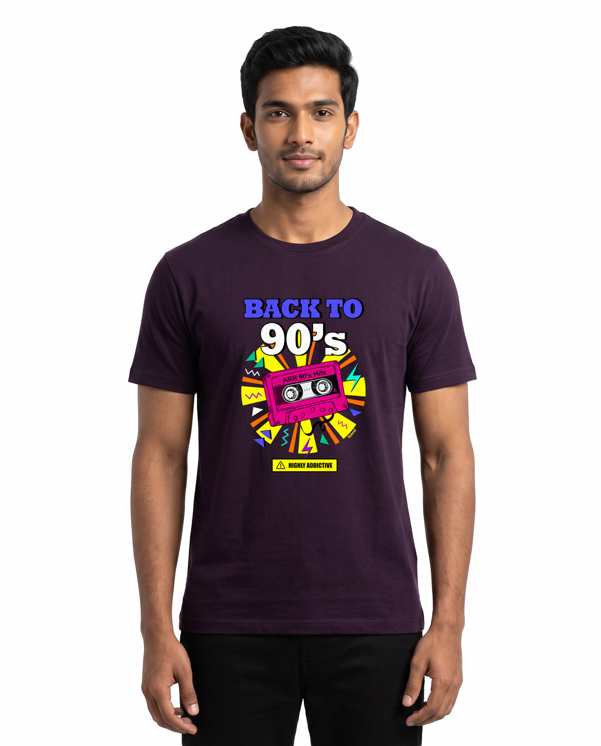 Front view of male model wearing ARR 90S HITS - Men's Regular Fit T-Shirt in purple in a studio setting.
