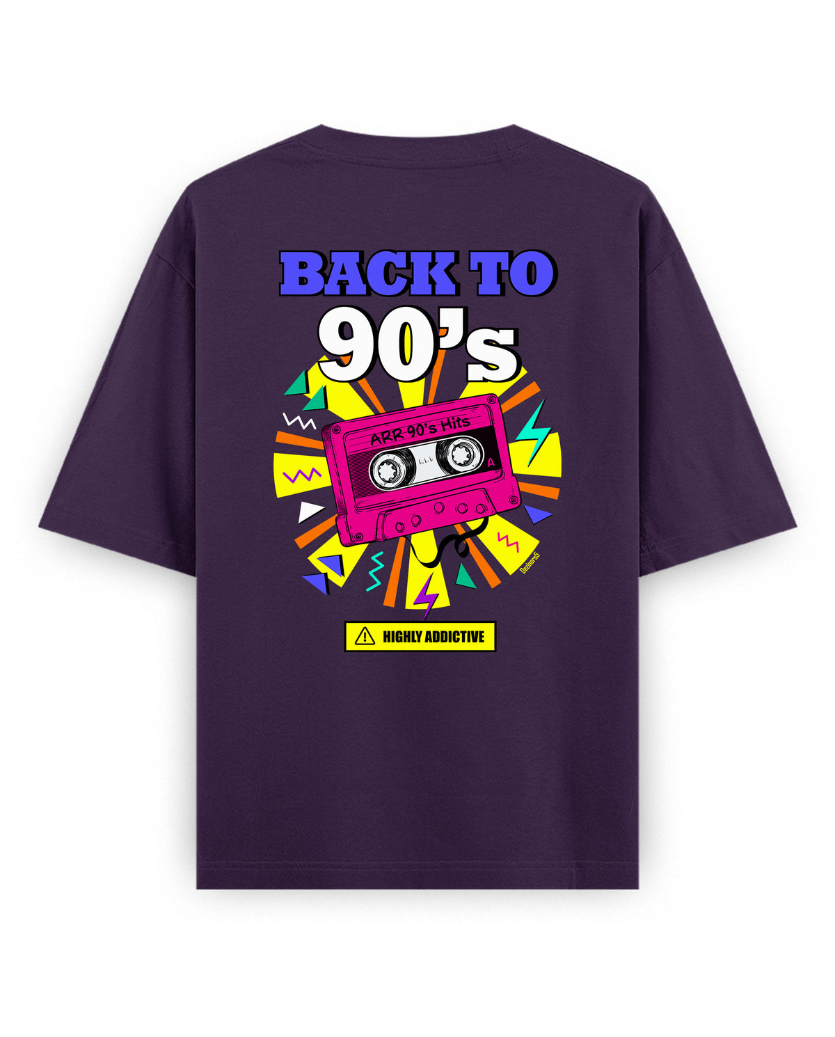 Back view of ARR 90S HITS - Unisex Oversized Graphic T-Shirt in purple.