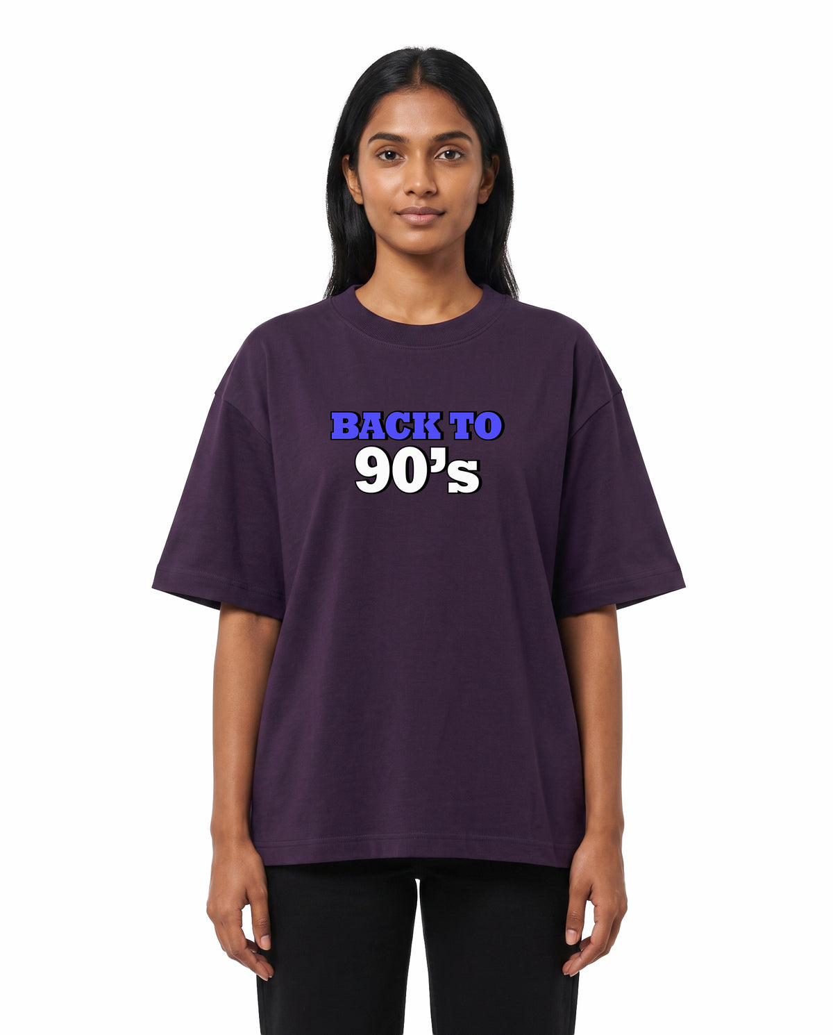 Front view of female model wearing ARR 90S HITS - Unisex Oversized Graphic T-Shirt in purple in a studio setting.