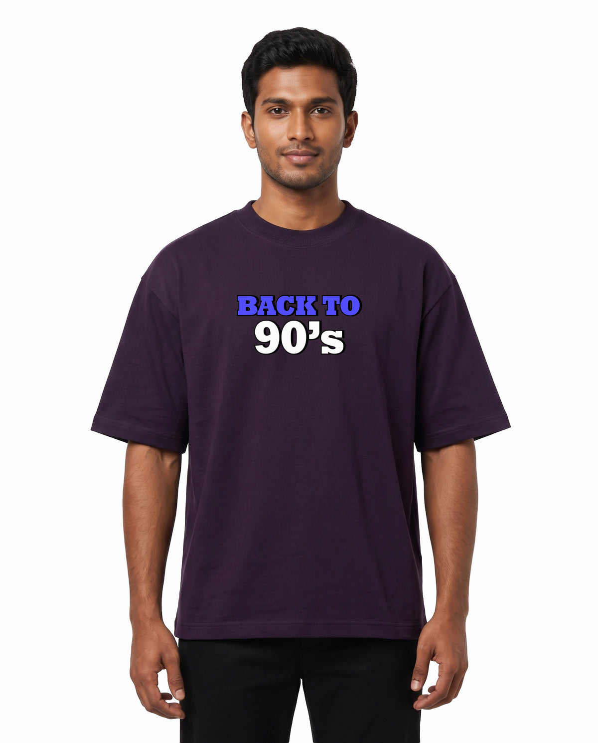 Front view of male model wearing ARR 90S HITS - Unisex Oversized Graphic T-Shirt in purple in a studio setting.