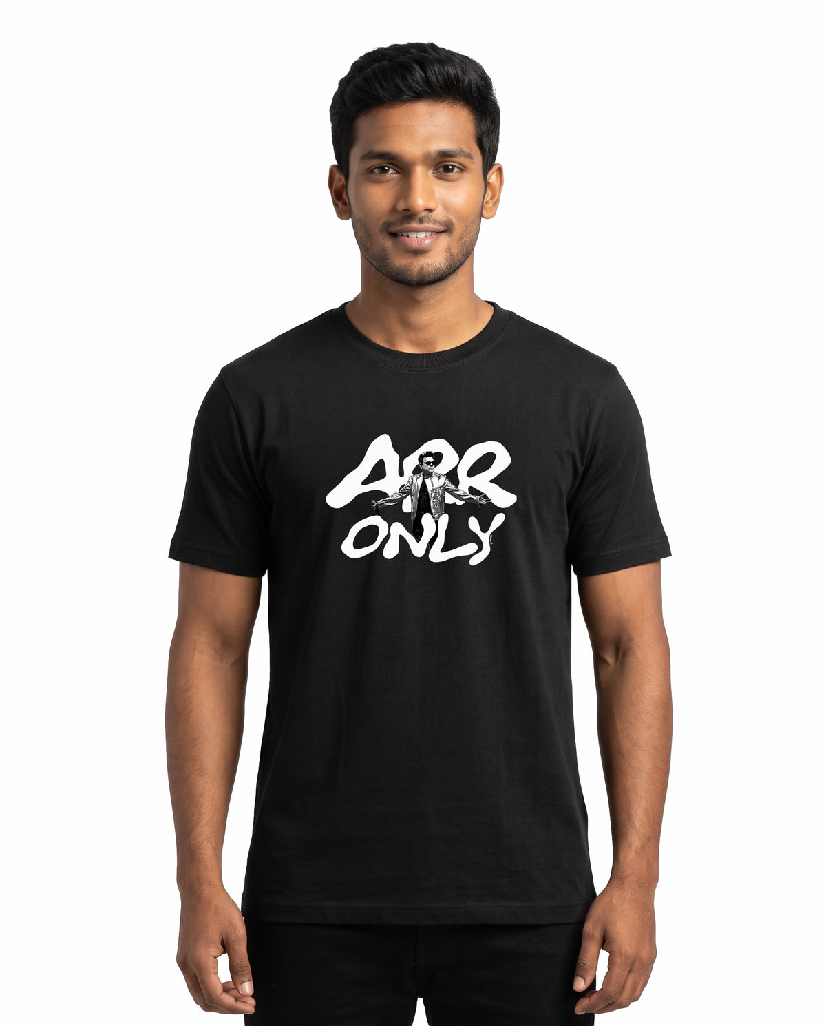 Front view of male model wearing ARR TRIBUTE - Men's Regular Fit T-Shirt in black in a studio setting.