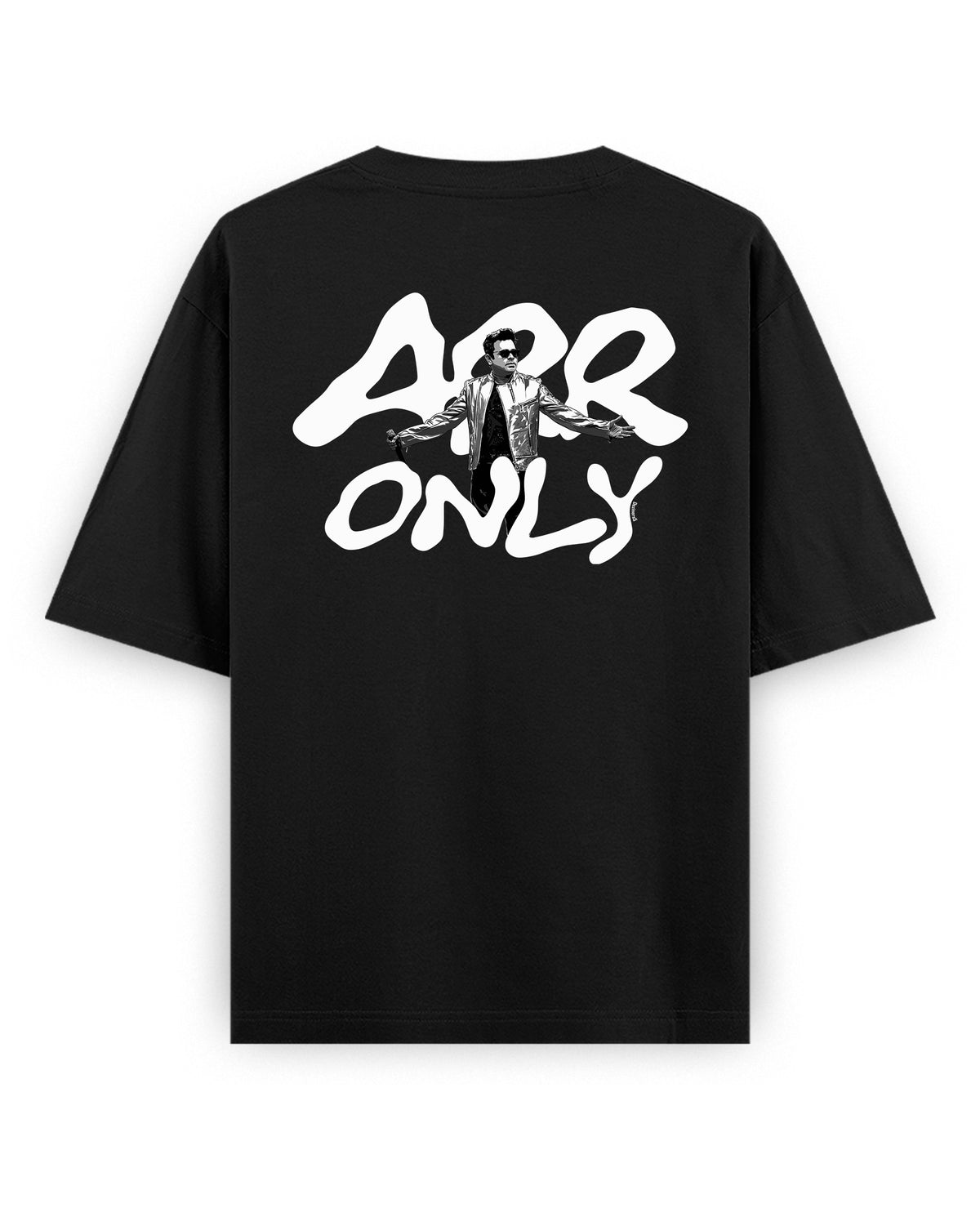 Back view of ARR TRIBUTE - Unisex Oversized Graphic T-Shirt in black.