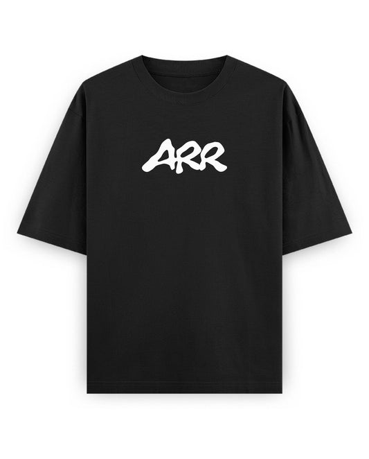 Front view of ARR TRIBUTE - Unisex Oversized Graphic T-Shirt in black.