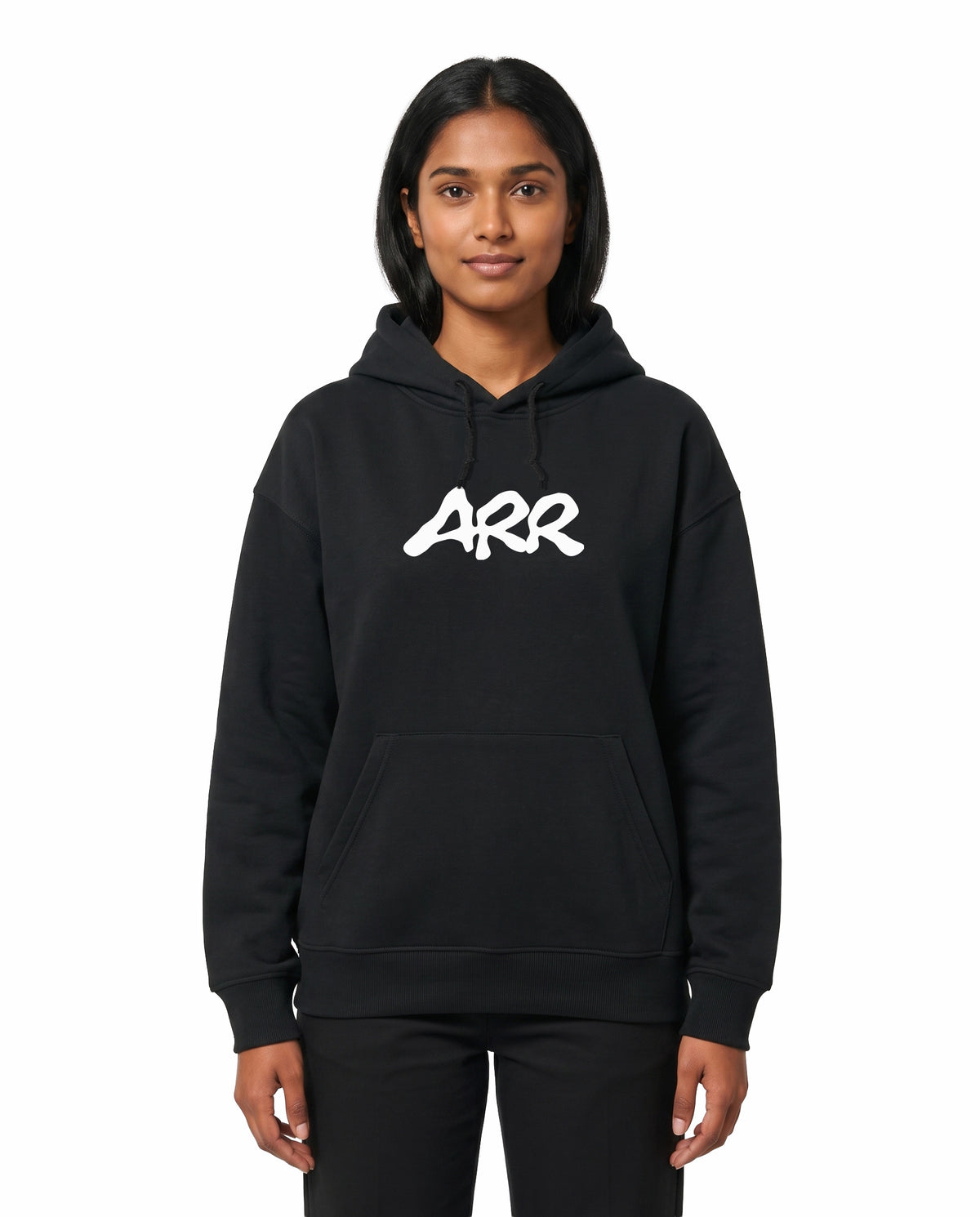 Front view of female model wearing ARR TRIBUTE - Unisex Regular Fit Hoodie in black in a studio setting.