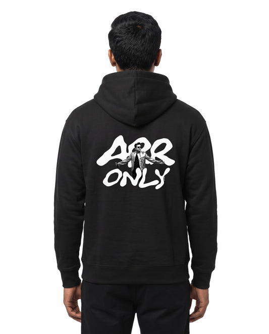 Back view of male model wearing ARR TRIBUTE - Unisex Regular Fit Hoodie in black in a studio setting.