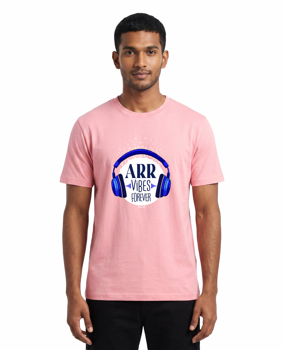 Front view of male model wearing ARR VIBES - Men's Regular Fit T-Shirt in flamingo in a studio setting.