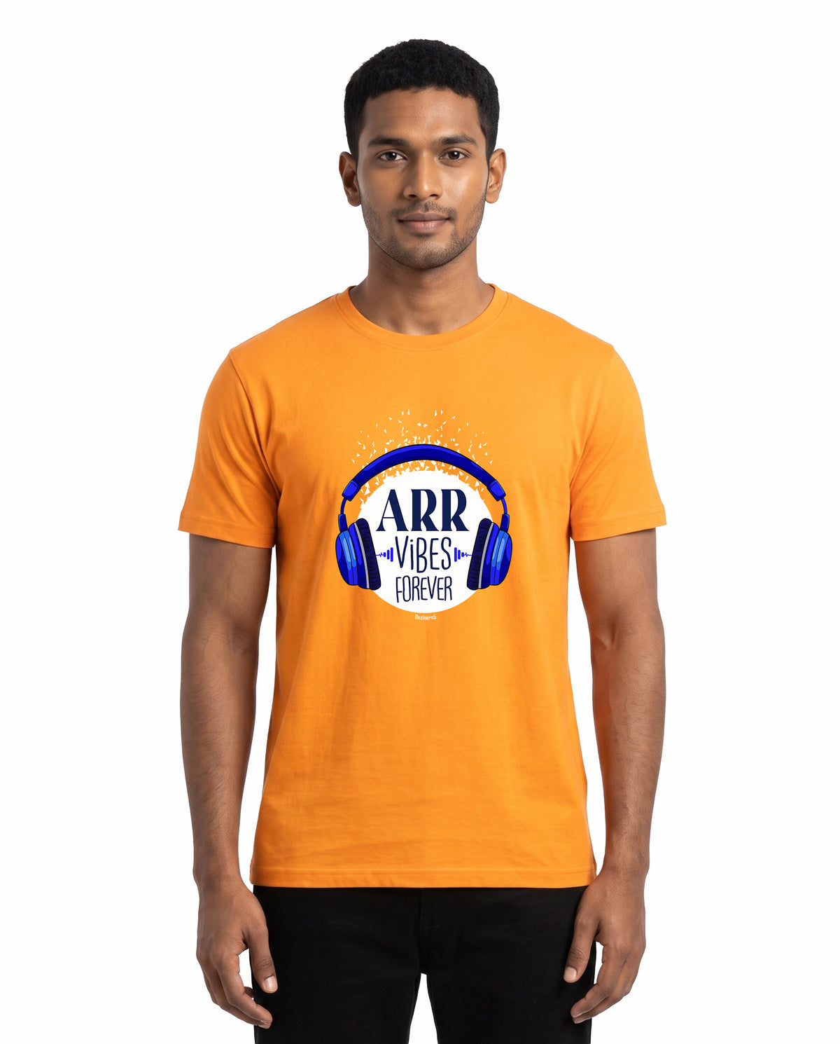 Front view of male model wearing ARR VIBES - Men's Regular Fit T-Shirt in golden yellow in a studio setting.