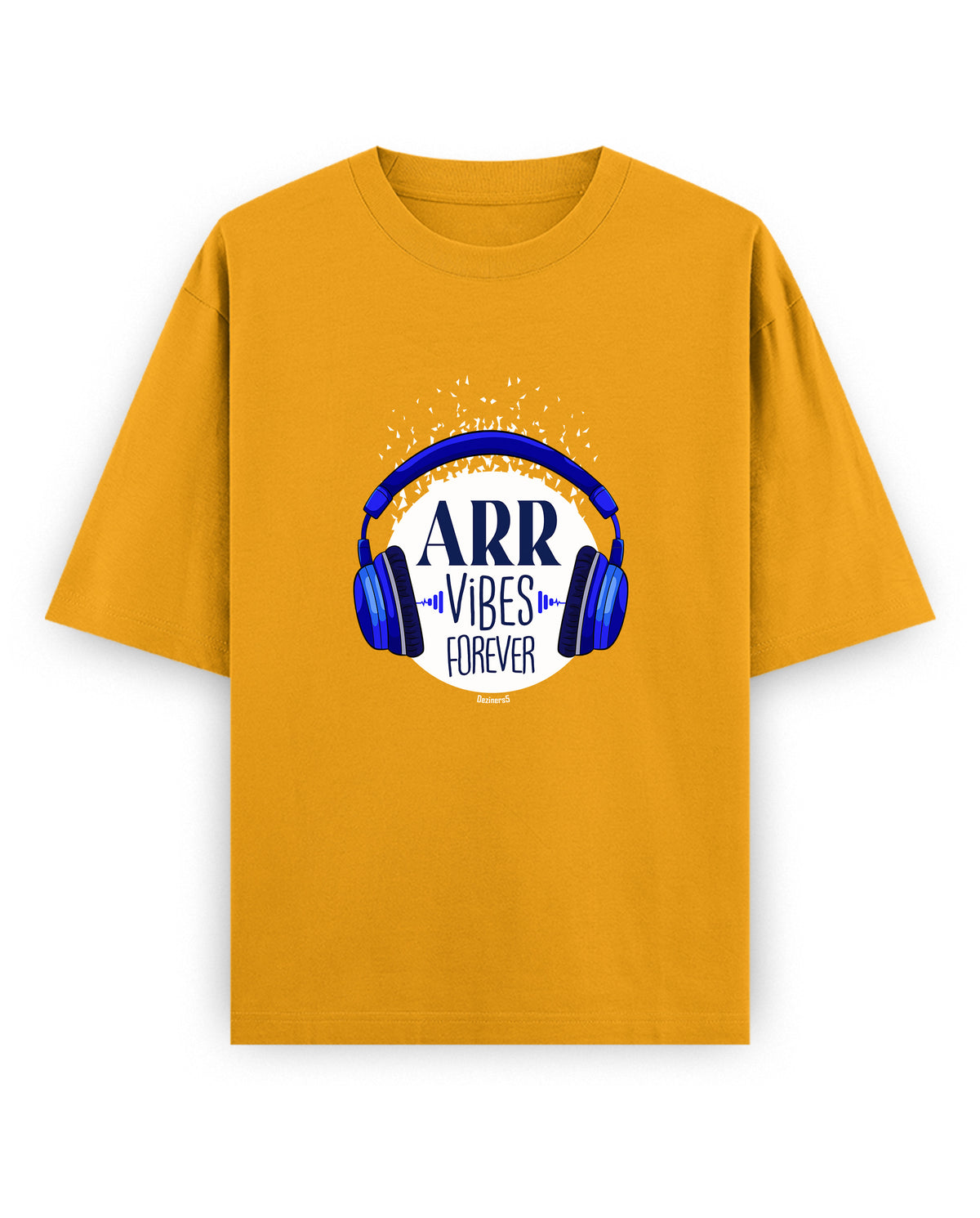 Front view of ARR VIBES - Unisex Oversized Graphic T-Shirt in golden yellow.