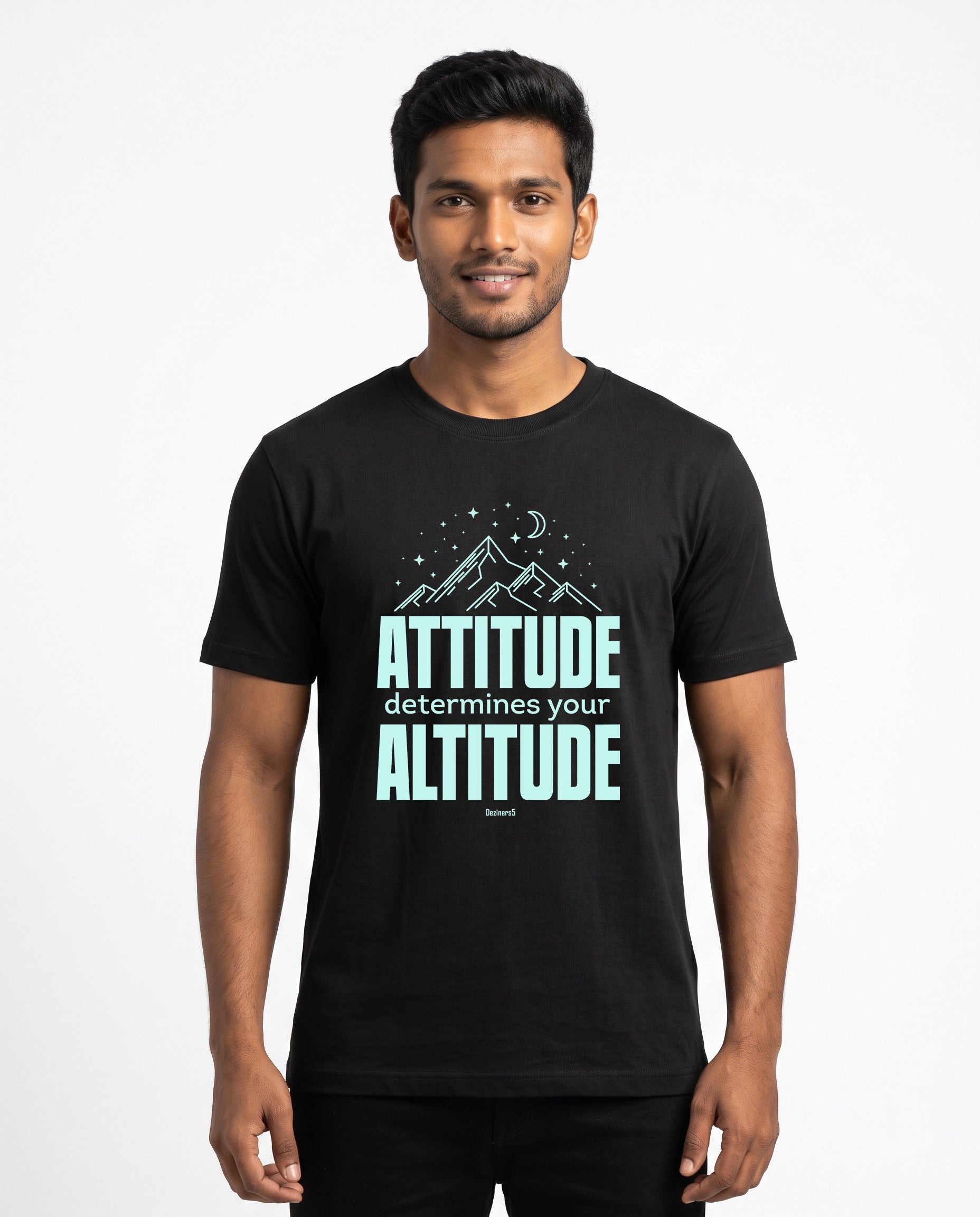 Male model wearing ATTITUDE men's regular-fit t-shirt in black in a studio setting.