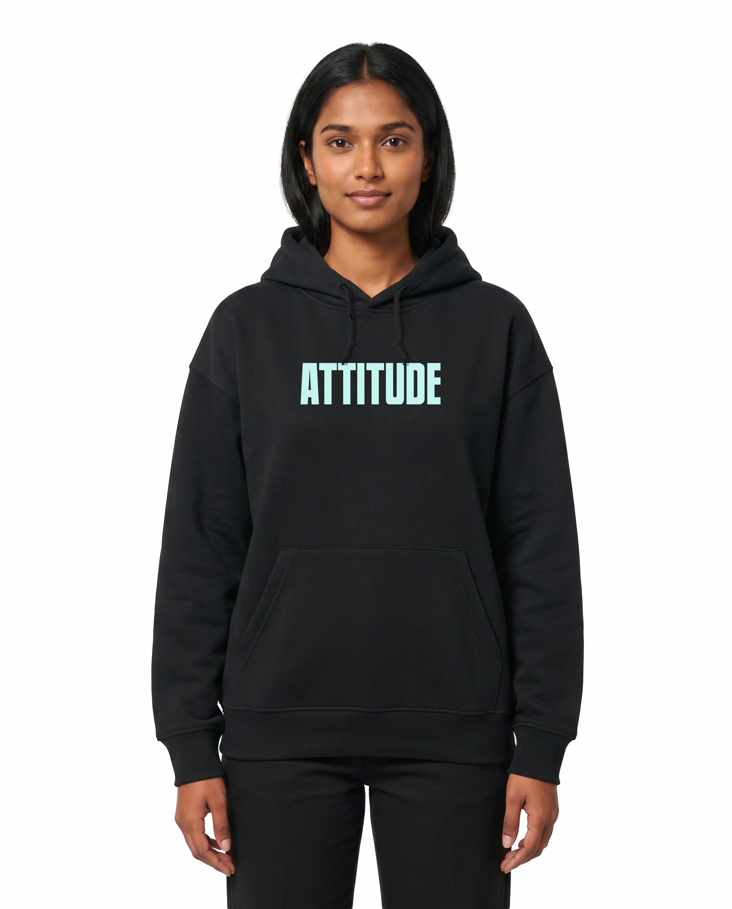 Front view of female model wearing ATTITUDE - Unisex Regular Fit Hoodie in black in a studio setting.