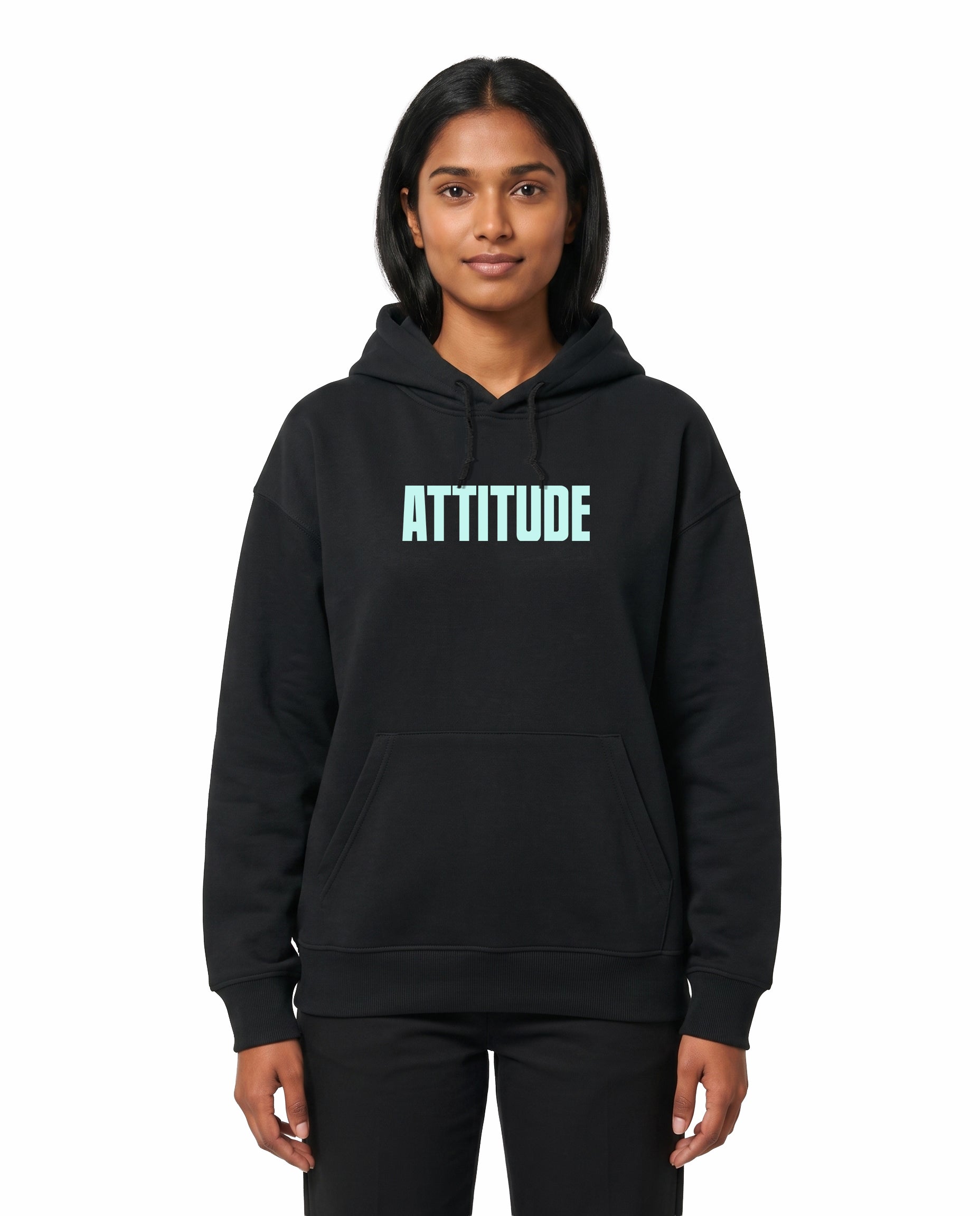 Front view of female model wearing ATTITUDE - Unisex Regular Fit Hoodie in black in a studio setting.