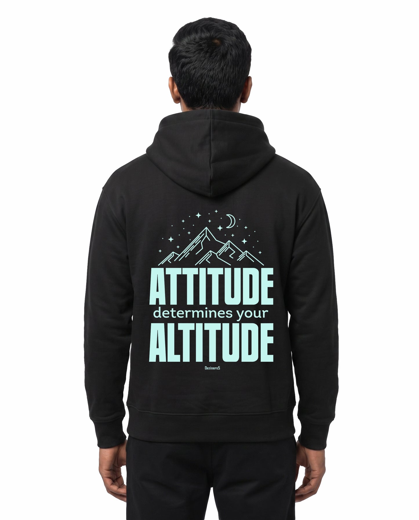 Back view of male model wearing ATTITUDE - Unisex Regular Fit Hoodie in black in a studio setting.
