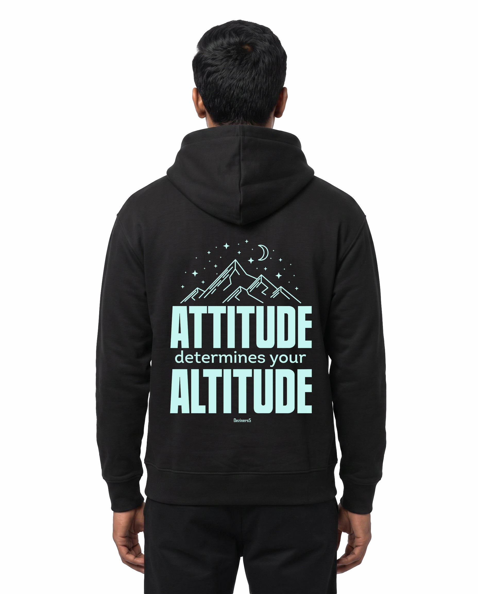 Back view of male model wearing ATTITUDE - Unisex Regular Fit Hoodie in black in a studio setting.