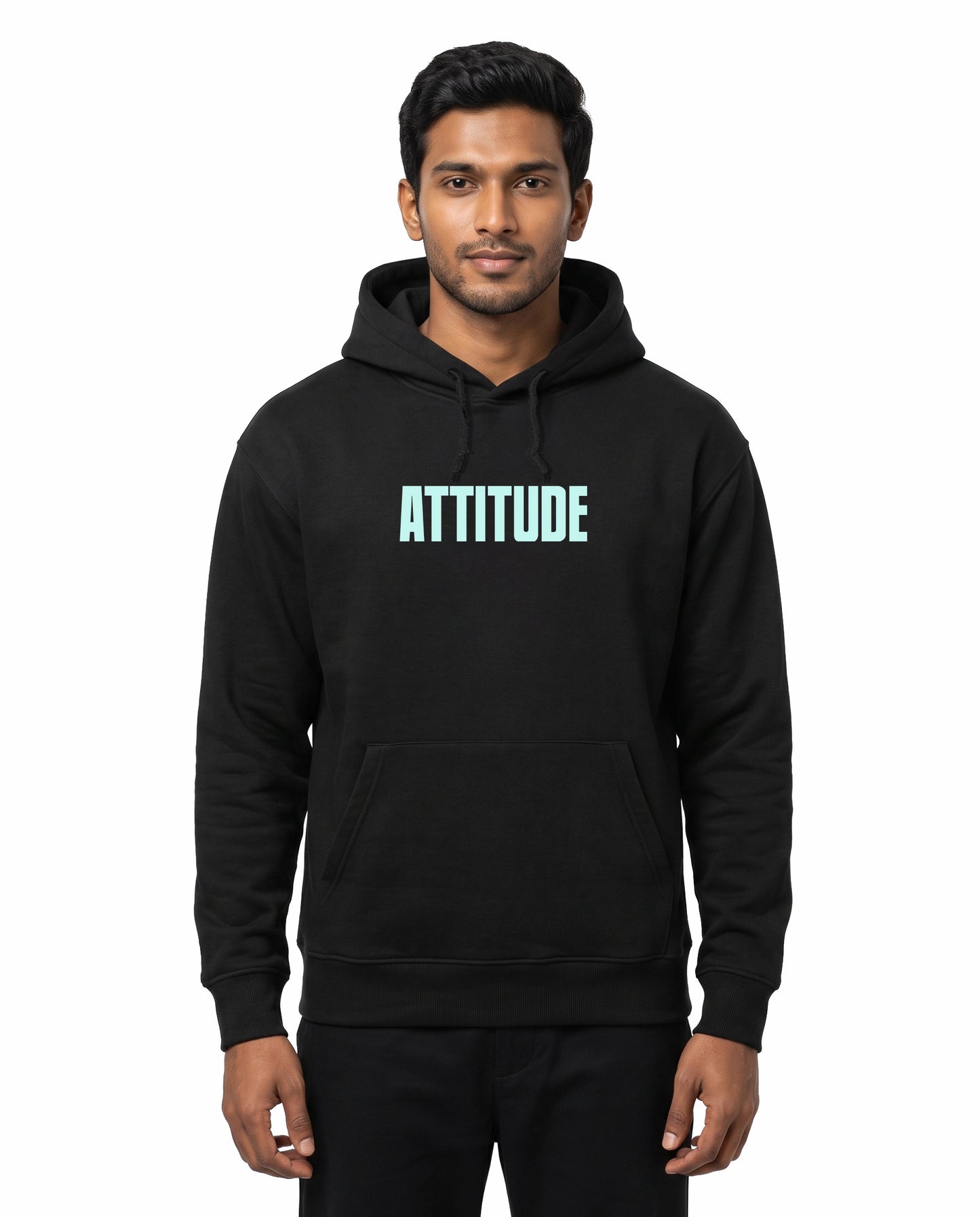 Front view of male model wearing ATTITUDE - Unisex Regular Fit Hoodie in black in a studio setting.