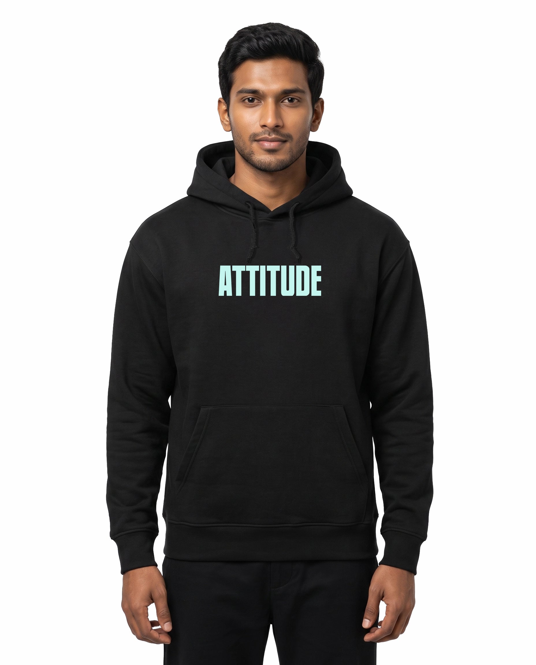 Front view of male model wearing ATTITUDE - Unisex Regular Fit Hoodie in black in a studio setting.