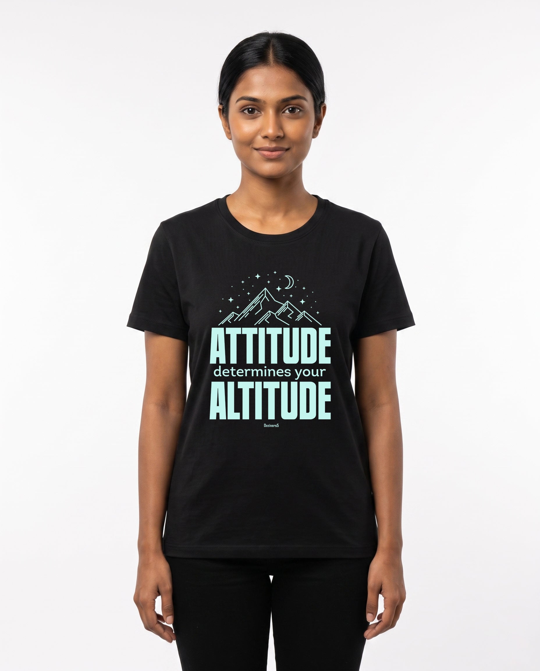 Female model wearing ATTITUDE women's regular-fit t-shirt in black in a studio setting.