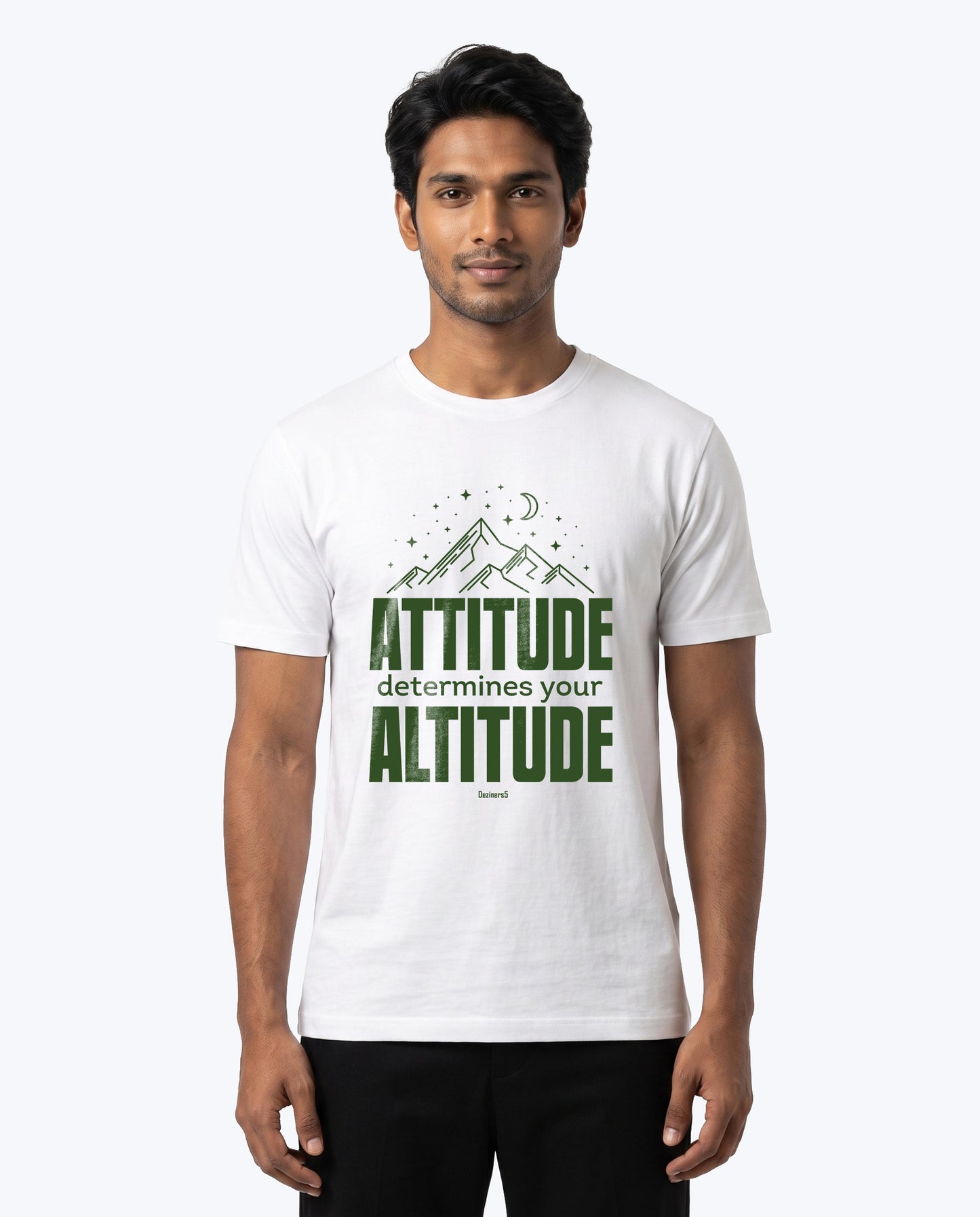 Male model wearing ATTITUDE men's regular-fit t-shirt in white in a studio setting.