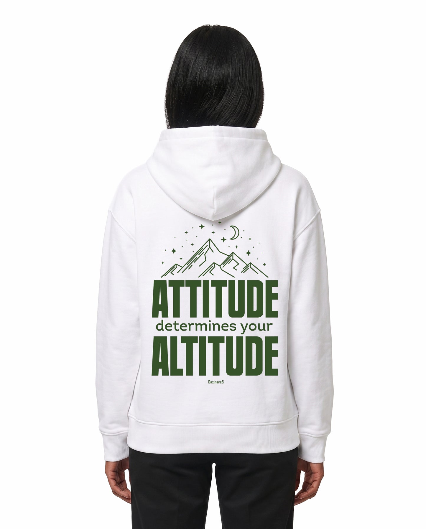 Back view of female model wearing ATTITUDE - Unisex Regular Fit Hoodie in white in a studio setting.