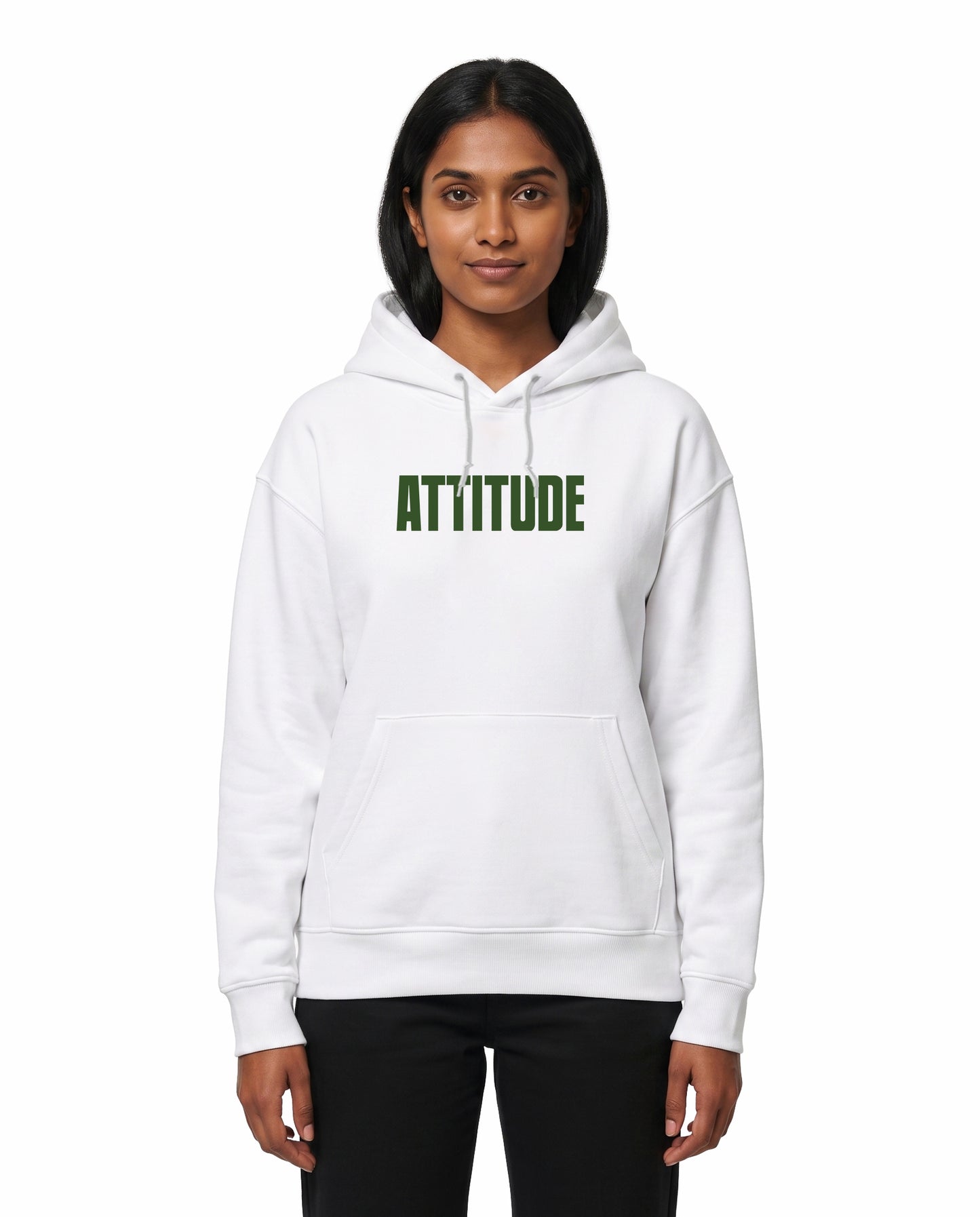 Front view of female model wearing ATTITUDE - Unisex Regular Fit Hoodie in white in a studio setting.