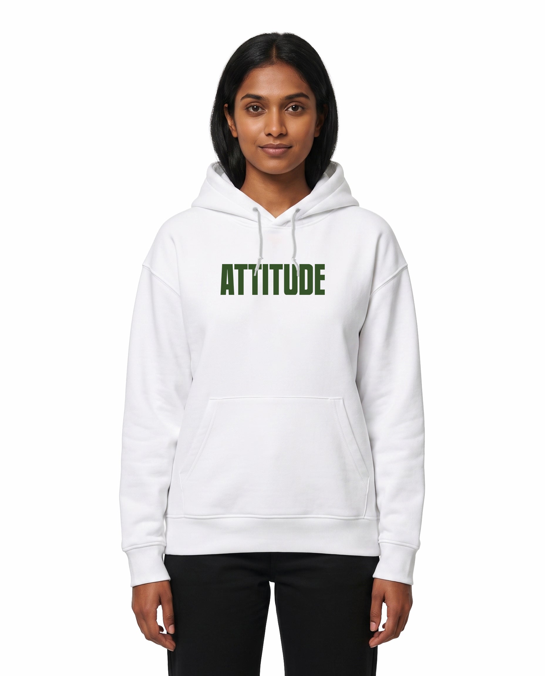 Front view of female model wearing ATTITUDE - Unisex Regular Fit Hoodie in white in a studio setting.