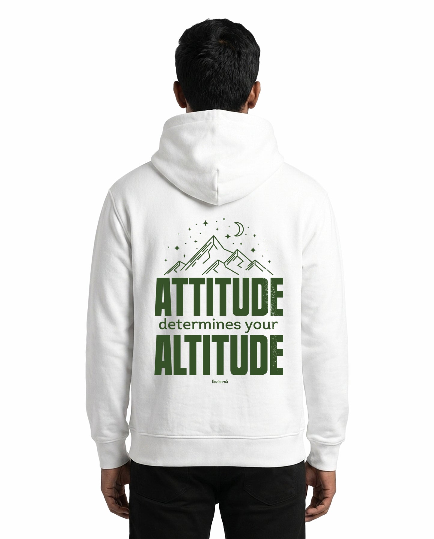 Back view of male model wearing ATTITUDE - Unisex Regular Fit Hoodie in white in a studio setting.