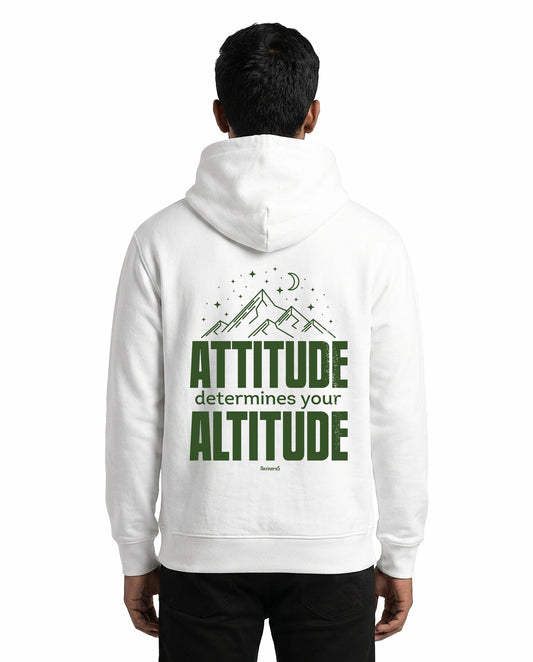 Back view of male model wearing ATTITUDE - Unisex Regular Fit Hoodie in white in a studio setting.