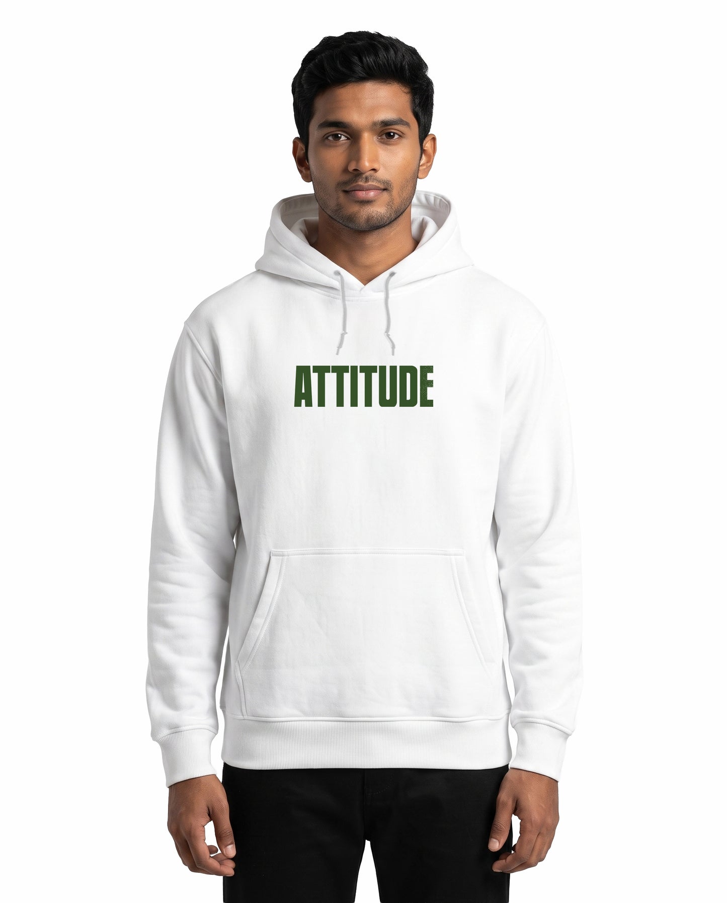 Front view of male model wearing ATTITUDE - Unisex Regular Fit Hoodie in white in a studio setting.