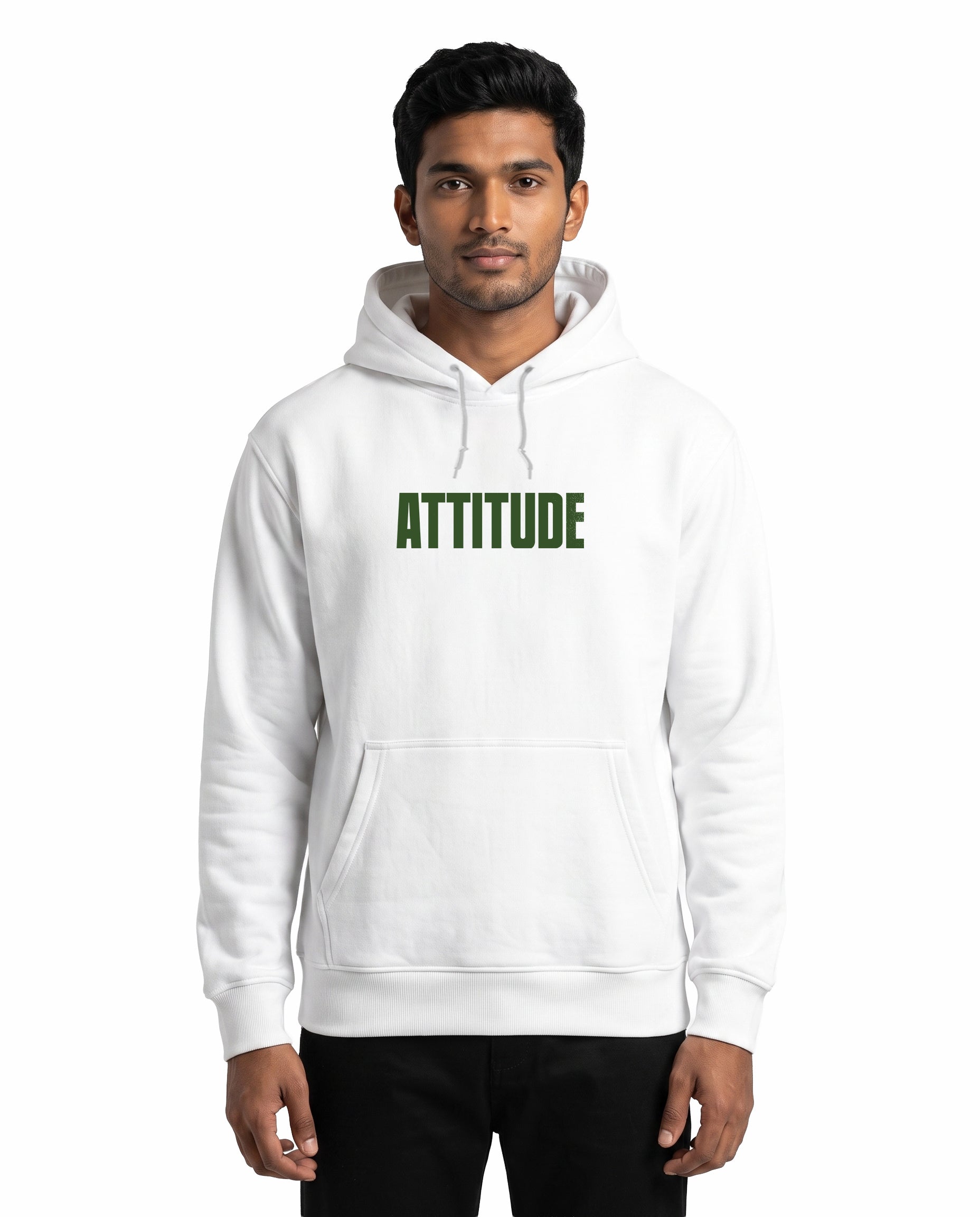 Front view of male model wearing ATTITUDE - Unisex Regular Fit Hoodie in white in a studio setting.