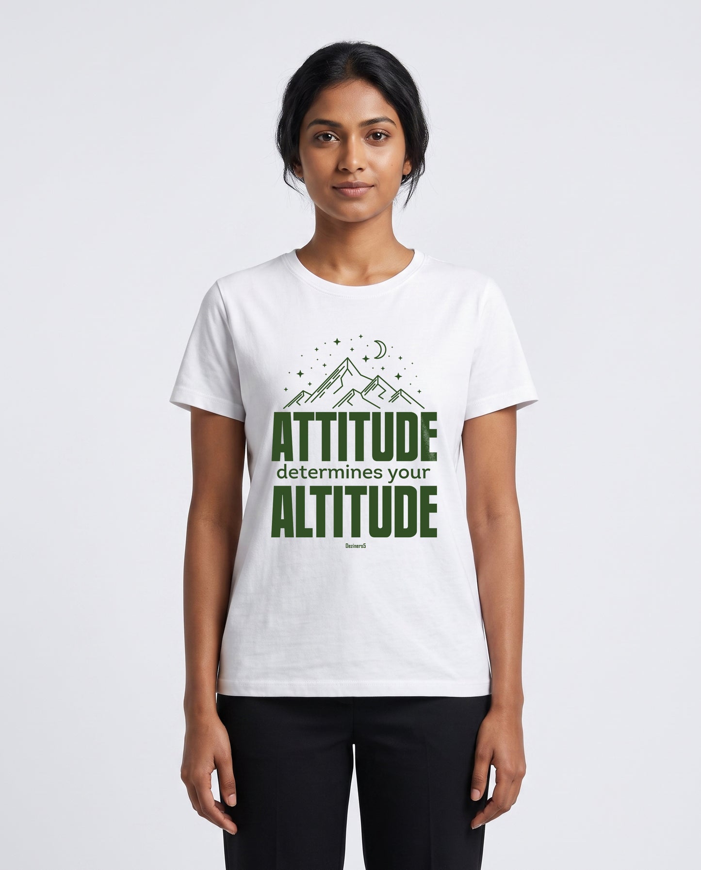 Female model wearing ATTITUDE women's regular-fit t-shirt in white in a studio setting.