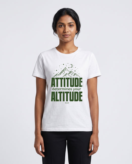Female model wearing ATTITUDE women's regular-fit t-shirt in white in a studio setting.