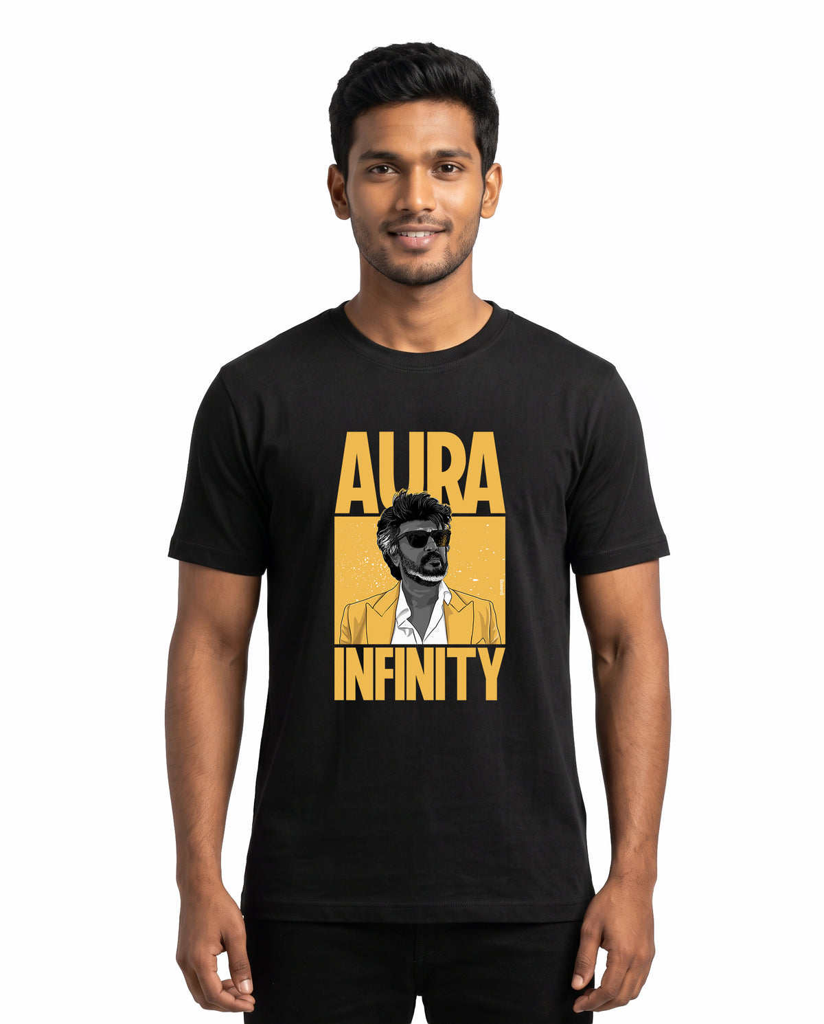 Front view of male model wearing AURA INFINITY - Men's Regular Fit T-Shirt in black in a studio setting.
