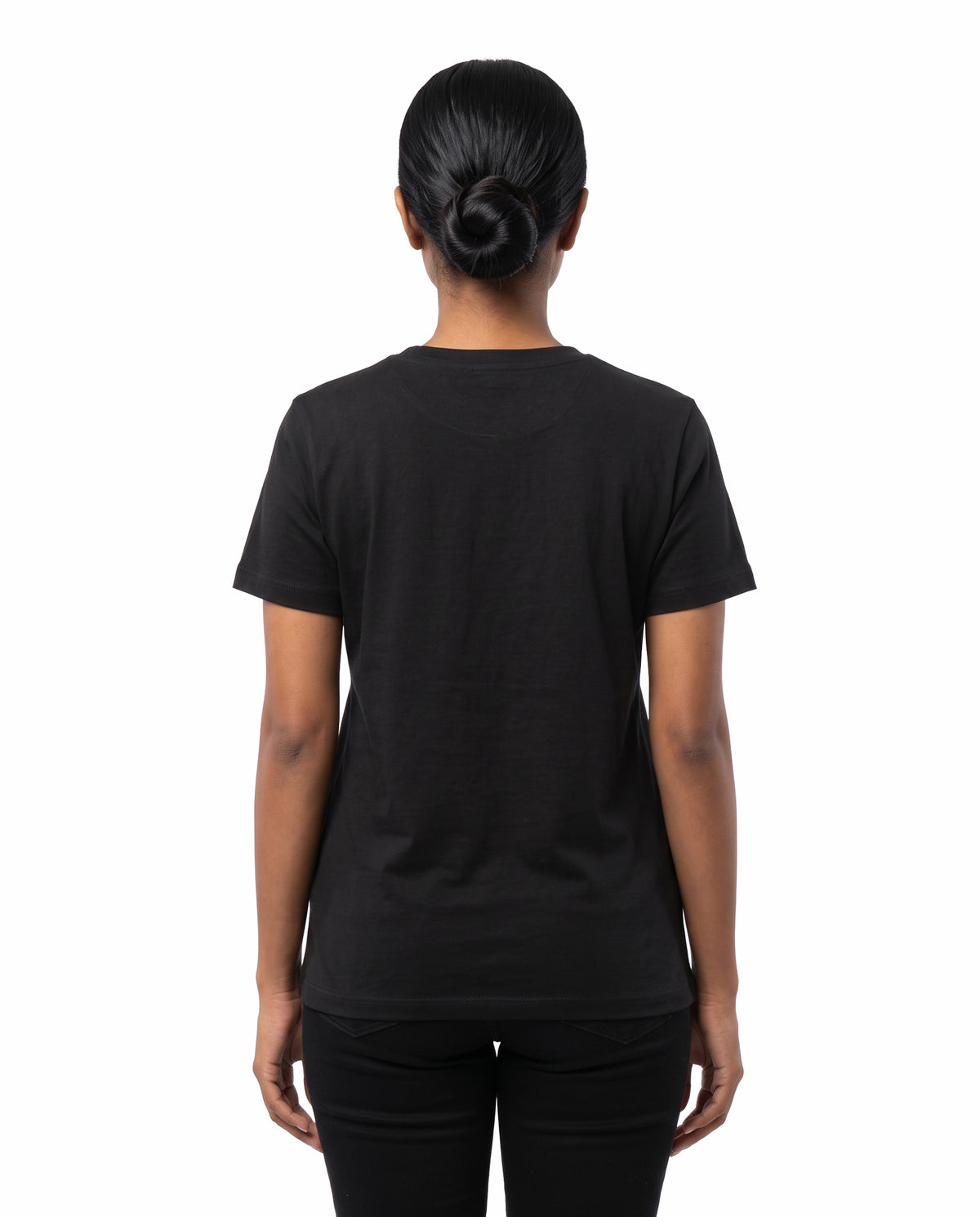 Back view of female model wearing AURA INFINITY - Women's Regular Fit T-Shirt in black in a studio setting.