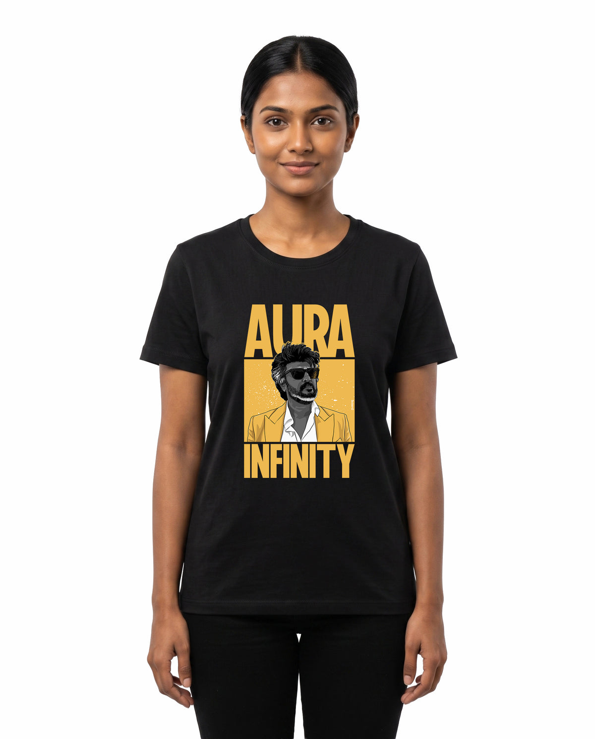 Front view of female model wearing AURA INFINITY - Women's Regular Fit T-Shirt in black in a studio setting.