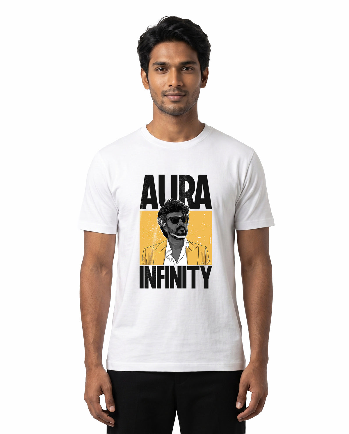 Front view of male model wearing AURA INFINITY - Men's Regular Fit T-Shirt in white in a studio setting.