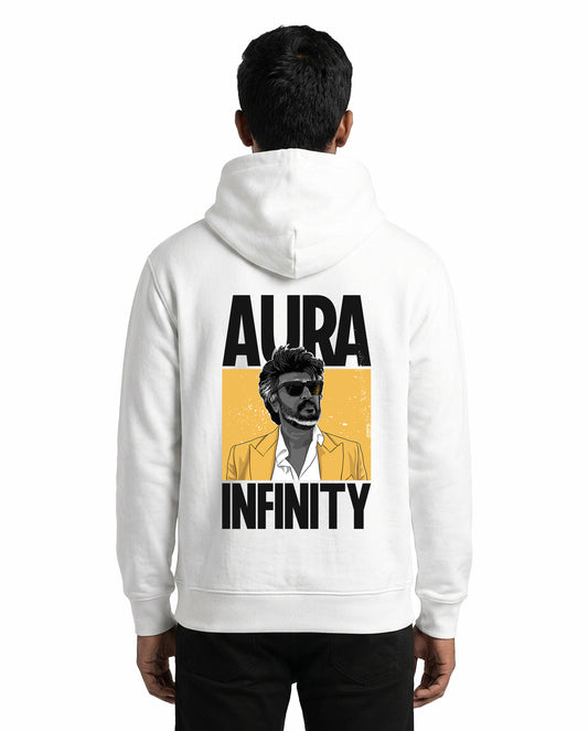 Back view of male model wearing AURA INFINITY - Unisex Regular Fit Hoodie in white in a studio setting.